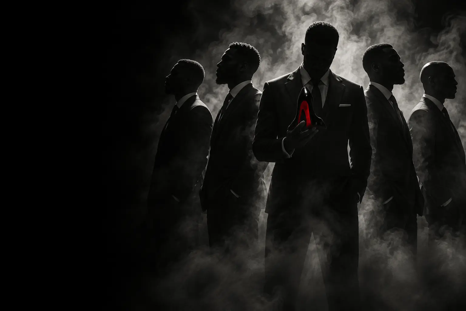 Five men in dark suits standing in smoke, lit from behind so their edges glow, the central figure holding a black high heeled shoe with a red sole.