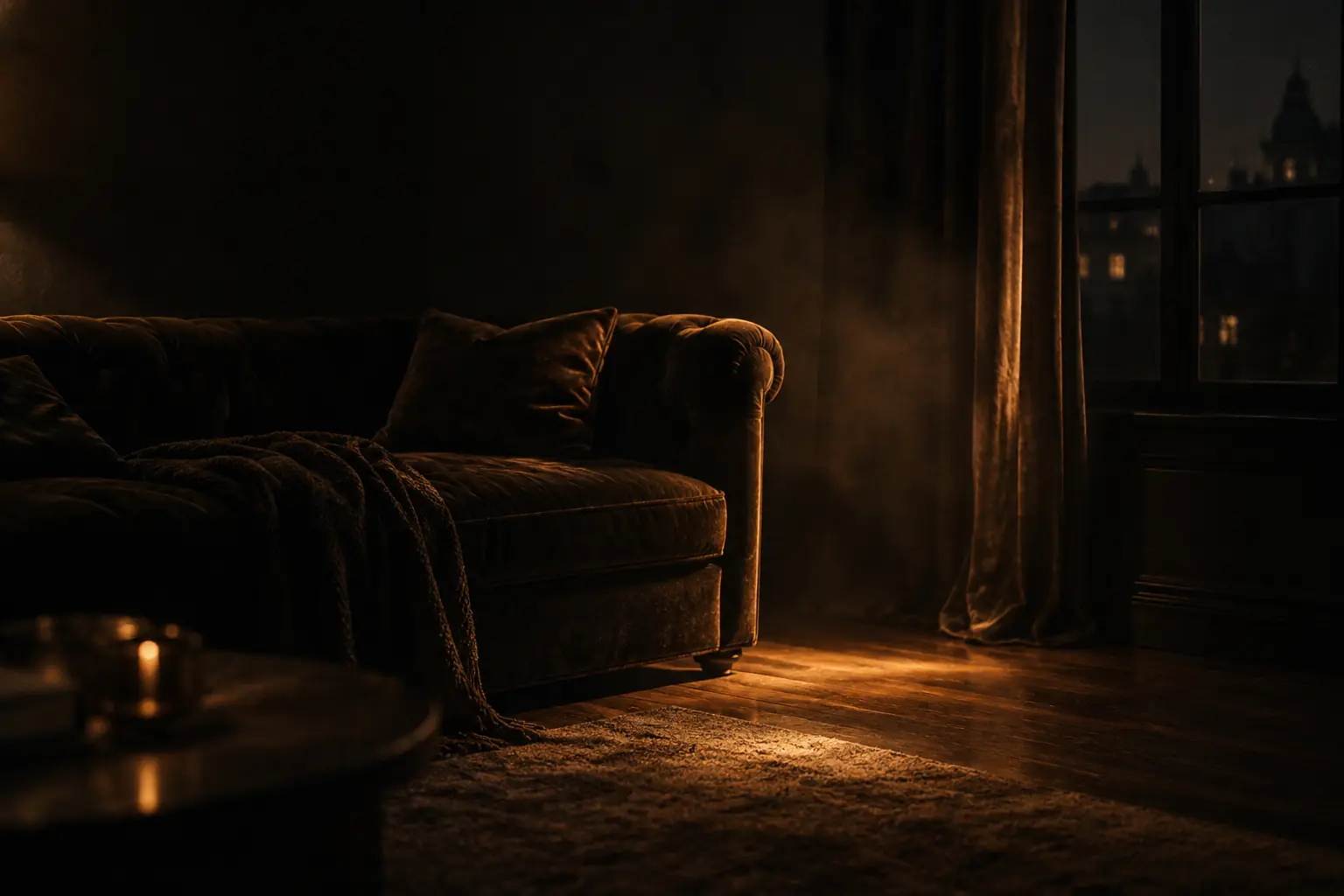 A dim room at night, a velvet sofa and a half drawn curtain, with warm lamplight falling across the floor.
